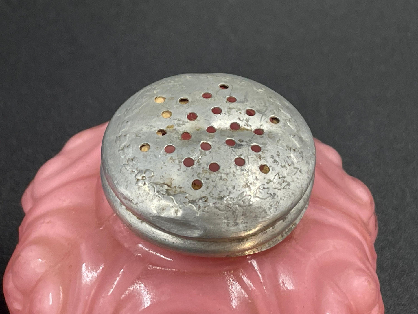 Victorian EAPG Cased Pink Salt and Pepper Shakers, Consolidated Lamp & Glass Co, Low Scroll Pattern c1894