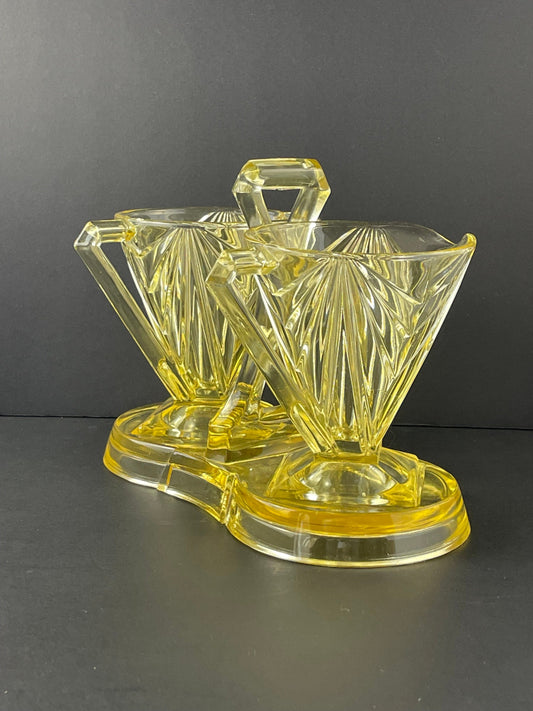 Indiana Glass Art Deco Pyramid Creamer Sugar with Tray Yellow Depression Glass 1926-1932
